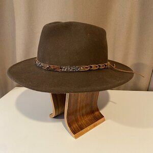 Iron & Resin Hackle Brown Felt Hat with Braided Feather Band - Small